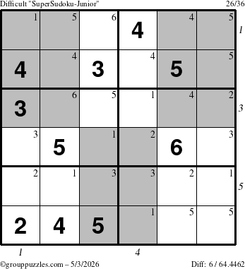 The grouppuzzles.com Difficult SuperSudoku-Junior puzzle for Sunday May 3, 2026 with all 6 steps marked
