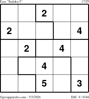 The grouppuzzles.com Easy Sudoku-5 puzzle for Sunday May 3, 2026