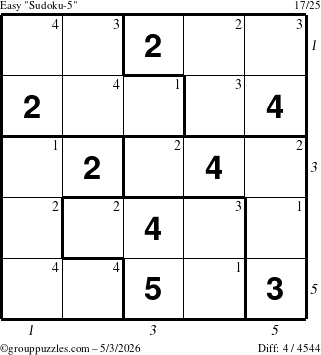 The grouppuzzles.com Easy Sudoku-5 puzzle for Sunday May 3, 2026, suitable for printing, with all 4 steps marked