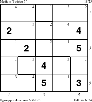 The grouppuzzles.com Medium Sudoku-5 puzzle for Sunday May 3, 2026, suitable for printing, with all 4 steps marked