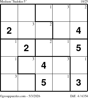 The grouppuzzles.com Medium Sudoku-5 puzzle for Sunday May 3, 2026 with the first 3 steps marked