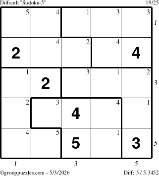 The grouppuzzles.com Difficult Sudoku-5 puzzle for Sunday May 3, 2026 with all 5 steps marked