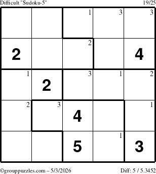 The grouppuzzles.com Difficult Sudoku-5 puzzle for Sunday May 3, 2026 with the first 3 steps marked