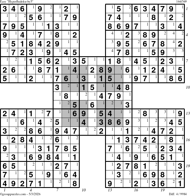 The grouppuzzles.com Easy HyperSudoku-by5 puzzle for Sunday May 3, 2026 with all 4 steps marked