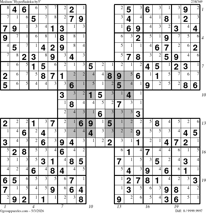 The grouppuzzles.com Medium HyperSudoku-by5 puzzle for Sunday May 3, 2026 with all 8 steps marked