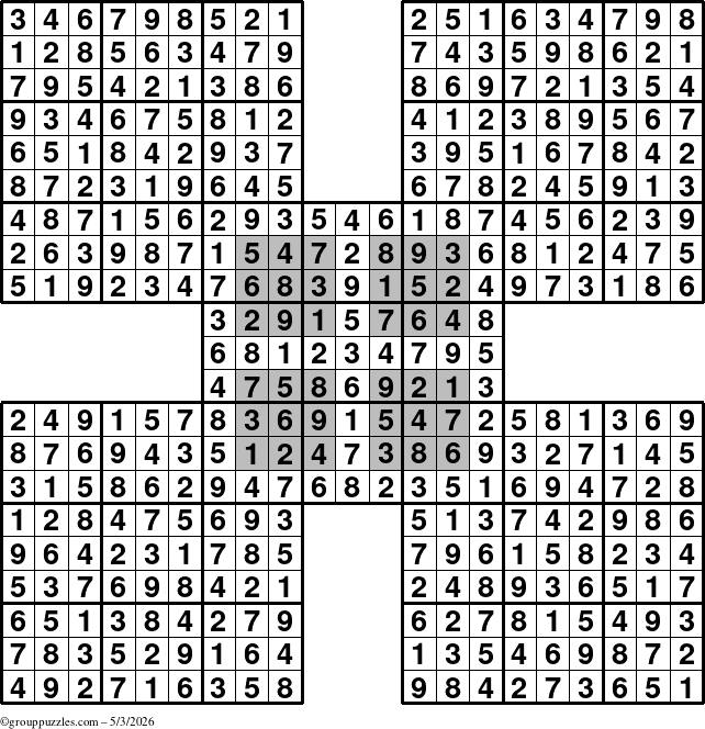 The grouppuzzles.com Answer grid for the HyperSudoku-by5 puzzle for Sunday May 3, 2026