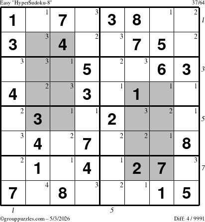 The grouppuzzles.com Easy HyperSudoku-8 puzzle for Sunday May 3, 2026 with all 4 steps marked