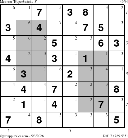 The grouppuzzles.com Medium HyperSudoku-8 puzzle for Sunday May 3, 2026 with all 7 steps marked