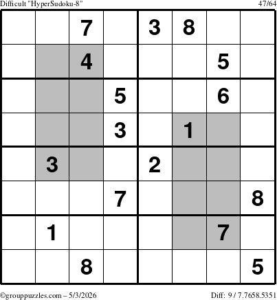 The grouppuzzles.com Difficult HyperSudoku-8 puzzle for Sunday May 3, 2026