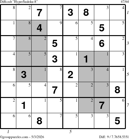 The grouppuzzles.com Difficult HyperSudoku-8 puzzle for Sunday May 3, 2026, suitable for printing, with all 9 steps marked