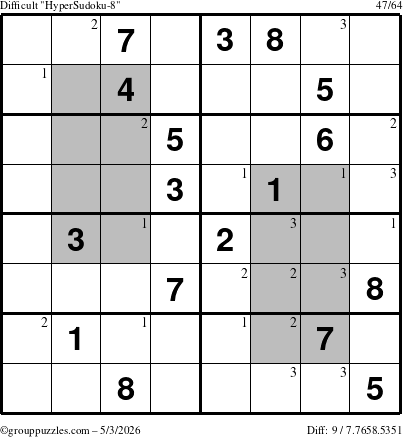 The grouppuzzles.com Difficult HyperSudoku-8 puzzle for Sunday May 3, 2026 with the first 3 steps marked