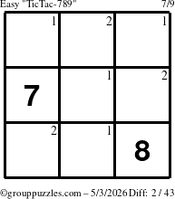 The grouppuzzles.com Easy TicTac-789 puzzle for Sunday May 3, 2026 with the first 2 steps marked