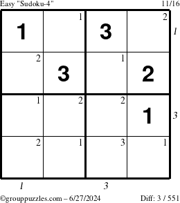 The grouppuzzles.com Easy Sudoku-4 puzzle for Thursday June 27, 2024 with all 3 steps marked