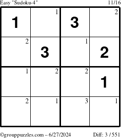 The grouppuzzles.com Easy Sudoku-4 puzzle for Thursday June 27, 2024 with the first 3 steps marked