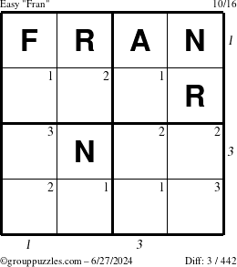 The grouppuzzles.com Easy Fran puzzle for Thursday June 27, 2024 with all 3 steps marked