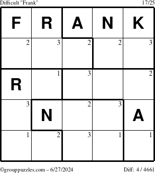 The grouppuzzles.com Difficult Frank puzzle for Thursday June 27, 2024 with the first 3 steps marked