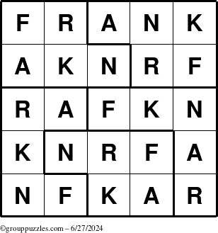 The grouppuzzles.com Answer grid for the Frank puzzle for Thursday June 27, 2024