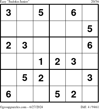 The grouppuzzles.com Easy Sudoku-Junior puzzle for Thursday June 27, 2024