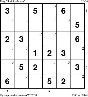 The grouppuzzles.com Easy Sudoku-Junior puzzle for Thursday June 27, 2024 with all 4 steps marked