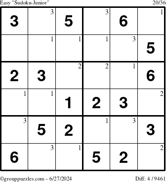 The grouppuzzles.com Easy Sudoku-Junior puzzle for Thursday June 27, 2024 with the first 3 steps marked