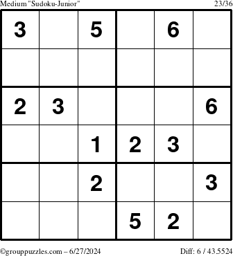 The grouppuzzles.com Medium Sudoku-Junior puzzle for Thursday June 27, 2024