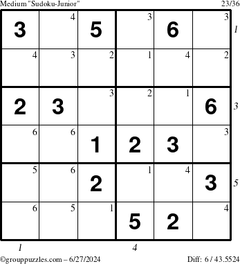 The grouppuzzles.com Medium Sudoku-Junior puzzle for Thursday June 27, 2024 with all 6 steps marked