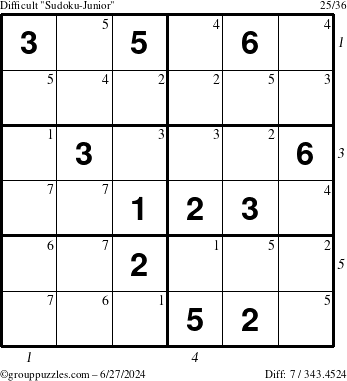 The grouppuzzles.com Difficult Sudoku-Junior puzzle for Thursday June 27, 2024 with all 7 steps marked