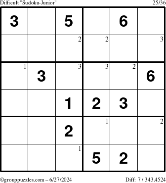 The grouppuzzles.com Difficult Sudoku-Junior puzzle for Thursday June 27, 2024 with the first 3 steps marked