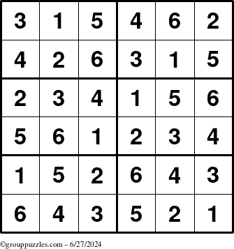 The grouppuzzles.com Answer grid for the Sudoku-Junior puzzle for Thursday June 27, 2024