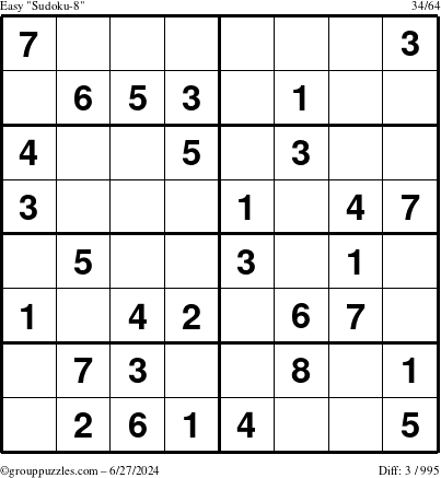 The grouppuzzles.com Easy Sudoku-8 puzzle for Thursday June 27, 2024