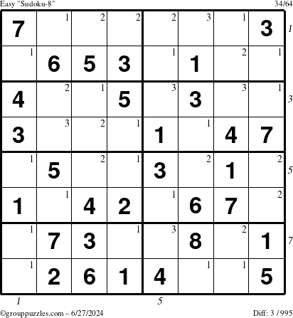 The grouppuzzles.com Easy Sudoku-8 puzzle for Thursday June 27, 2024, suitable for printing, with all 3 steps marked