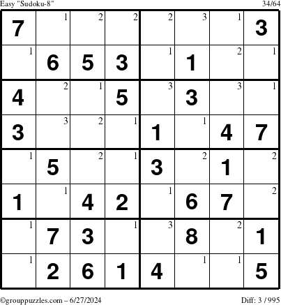 The grouppuzzles.com Easy Sudoku-8 puzzle for Thursday June 27, 2024 with the first 3 steps marked