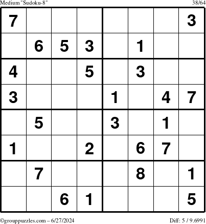 The grouppuzzles.com Medium Sudoku-8 puzzle for Thursday June 27, 2024