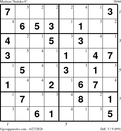 The grouppuzzles.com Medium Sudoku-8 puzzle for Thursday June 27, 2024 with all 5 steps marked