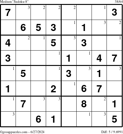 The grouppuzzles.com Medium Sudoku-8 puzzle for Thursday June 27, 2024 with the first 3 steps marked