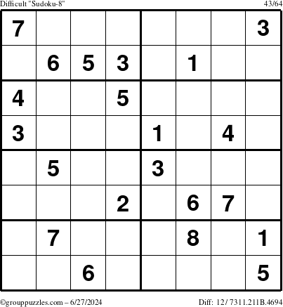 The grouppuzzles.com Difficult Sudoku-8 puzzle for Thursday June 27, 2024