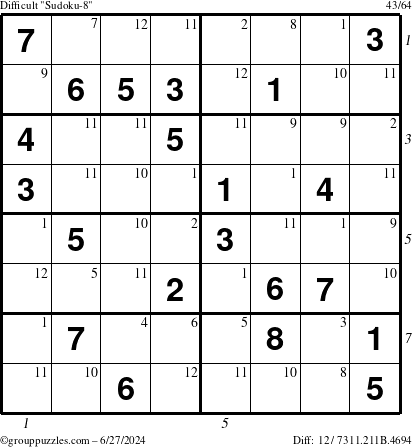 The grouppuzzles.com Difficult Sudoku-8 puzzle for Thursday June 27, 2024 with all 12 steps marked