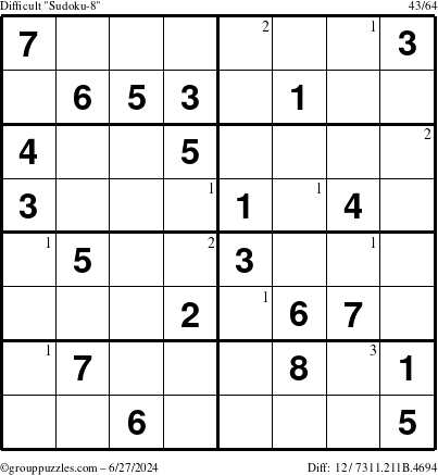 The grouppuzzles.com Difficult Sudoku-8 puzzle for Thursday June 27, 2024 with the first 3 steps marked