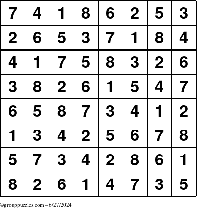 The grouppuzzles.com Answer grid for the Sudoku-8 puzzle for Thursday June 27, 2024