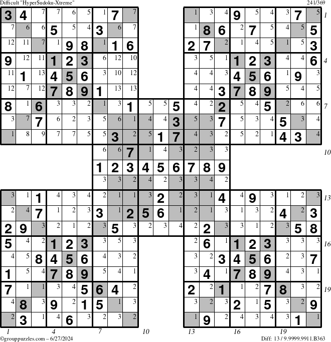 The grouppuzzles.com Difficult cover-HyperXtreme puzzle for Thursday June 27, 2024 with all 13 steps marked