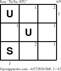 The grouppuzzles.com Easy TicTac-STU puzzle for Thursday June 27, 2024 with all 2 steps marked