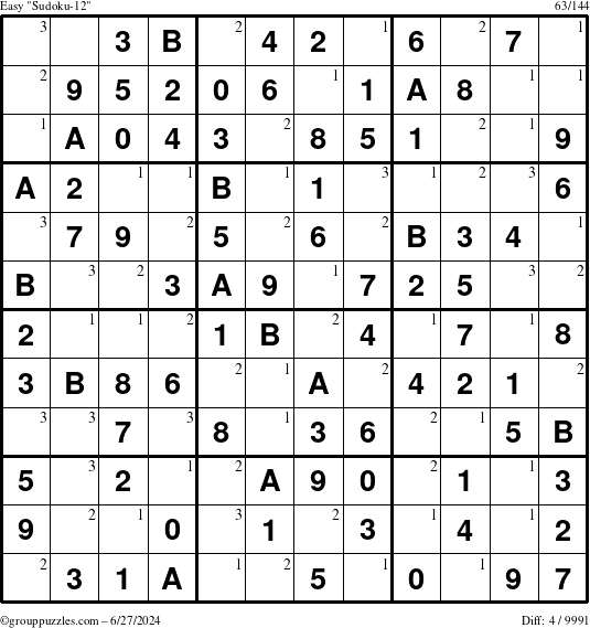 The grouppuzzles.com Easy Sudoku-12 puzzle for Thursday June 27, 2024 with the first 3 steps marked