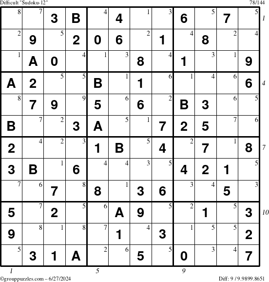 The grouppuzzles.com Difficult Sudoku-12 puzzle for Thursday June 27, 2024 with all 9 steps marked