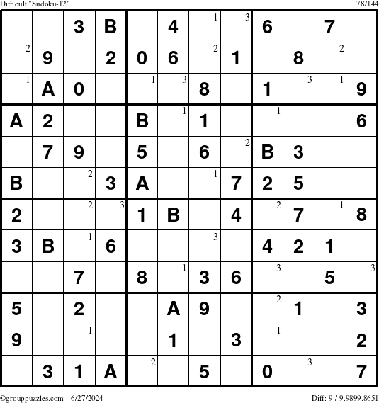 The grouppuzzles.com Difficult Sudoku-12 puzzle for Thursday June 27, 2024 with the first 3 steps marked