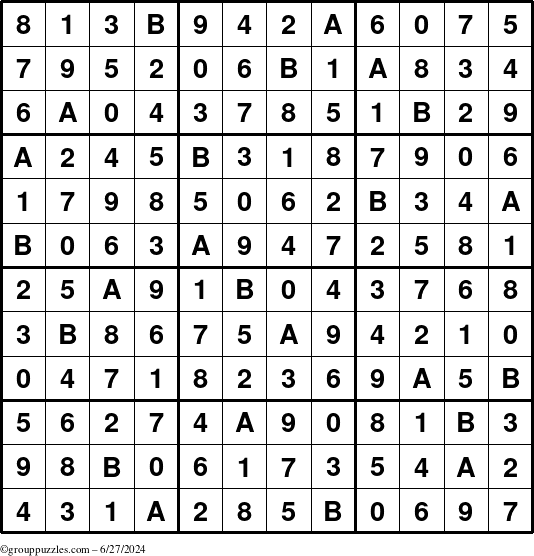 The grouppuzzles.com Answer grid for the Sudoku-12 puzzle for Thursday June 27, 2024