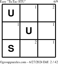 The grouppuzzles.com Easy TicTac-STU puzzle for Thursday June 27, 2024 with the first 2 steps marked