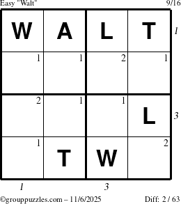 The grouppuzzles.com Easy Walt puzzle for Thursday November 6, 2025 with all 2 steps marked