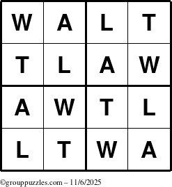 The grouppuzzles.com Answer grid for the Walt puzzle for Thursday November 6, 2025