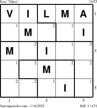 The grouppuzzles.com Easy Vilma puzzle for Thursday November 6, 2025 with all 3 steps marked