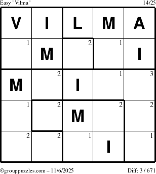 The grouppuzzles.com Easy Vilma puzzle for Thursday November 6, 2025 with the first 3 steps marked
